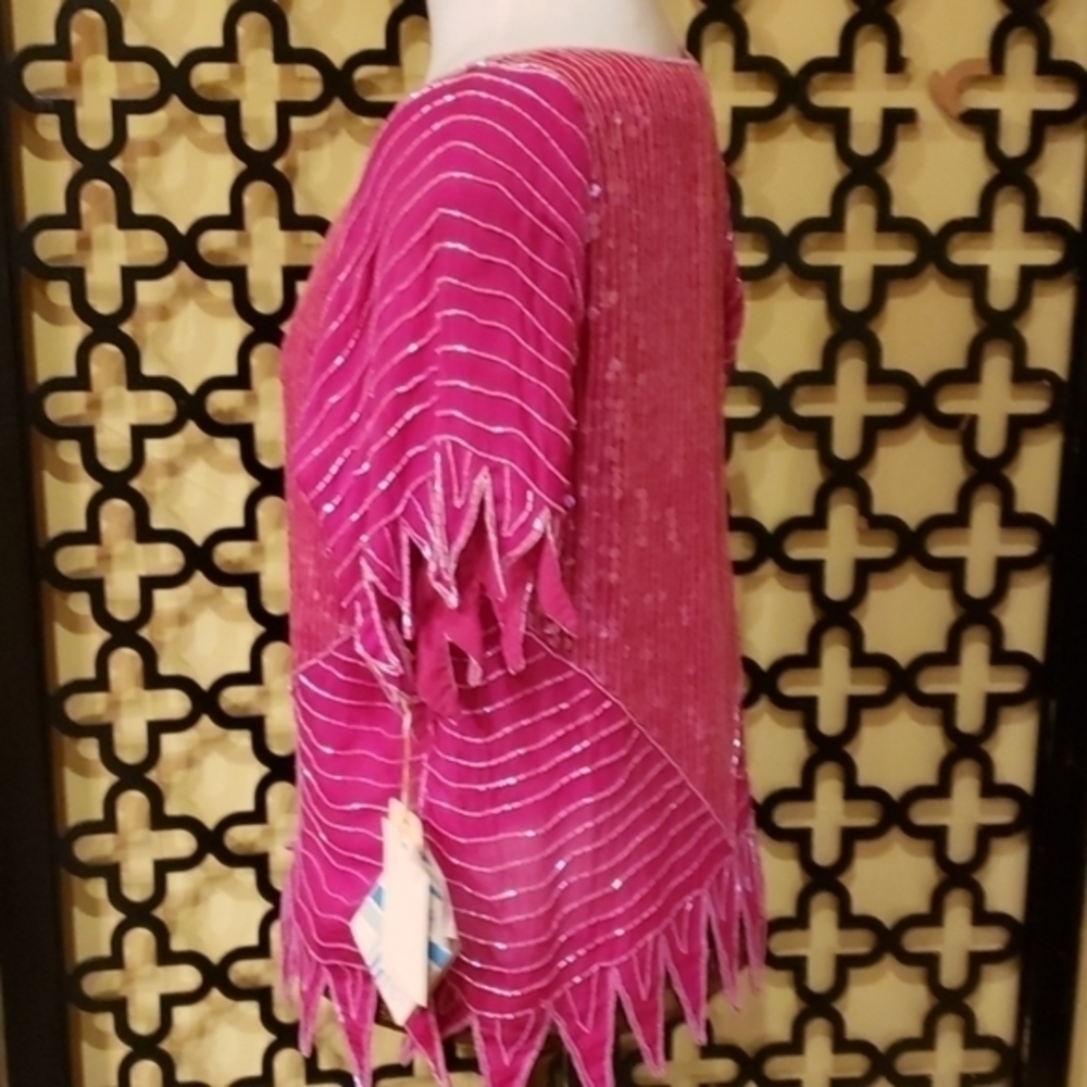 NWT DOMINIQUE 100% SILK VTG PINK SEQUIN BEADED COCKTAIL BLOUSE Size Large - Picture 4 of 8